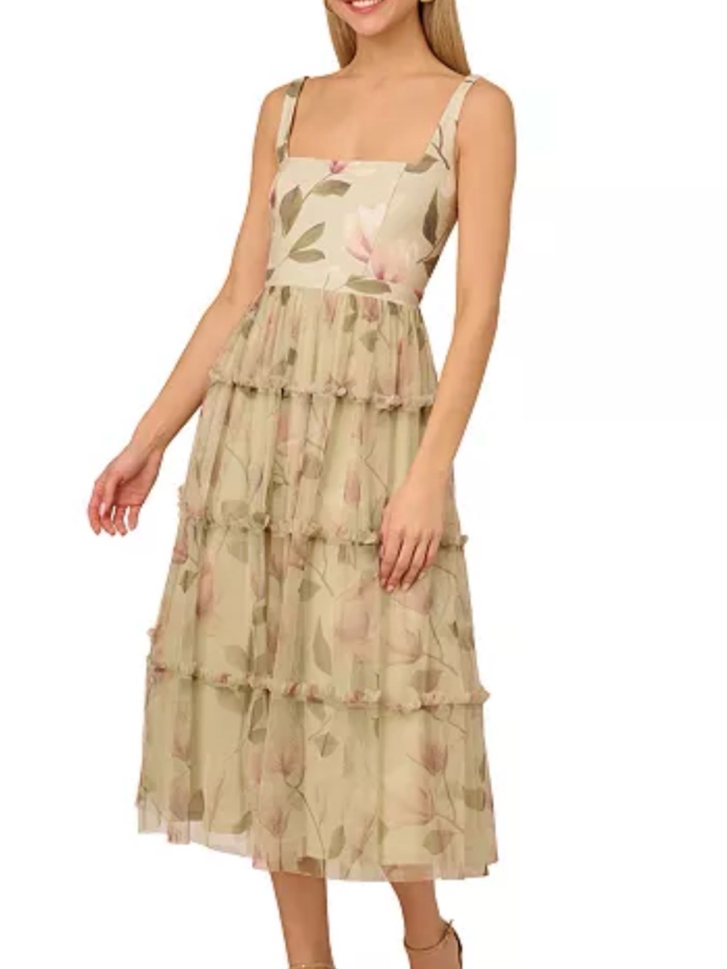 Adrianna Papell Olive Floral Tiered Midi Dress With Pink Blooms